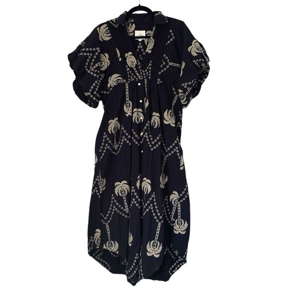 Umgee Dress Palm Tree Embroidered S Black Puff Sleeve Smocked Boho Resortwear - Picture 2 of 10
